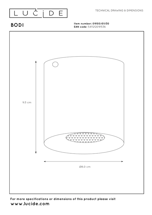 Lucide BODI - Plafondspot - Ø 8 cm - 1xGU10 - Zwart - technisch